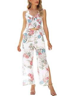 AGQT Damen 2 Stück Sommer Boho Outfits Cami Top ärmellos Verstellbare Spaghettiträger Casual Slit Lange Hosen Sets Elegant Jumpsuit Weiß XL von AGQT