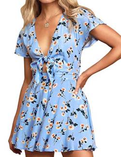 AGQT Damen Jumpsuit Sommer Blumen Sommerkleid Kurz Tunika Kleid V-Ausschnitt Strandkleid Boho Overall HellBlau S von AGQT