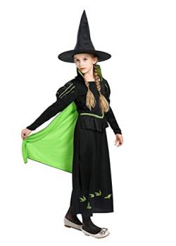 AGQT Kinder Mädchen Halloween Hexen kostüm mit Hexenhut Halloween Cosplay Kostüm grün-schwarz Größe 10-12Jahre von AGQT