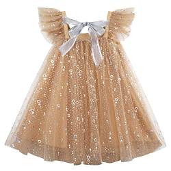 AGQT Kinder Tüll Kleid Mädchen Pailletten Tutu Kleid Mehrfarbiger Hohlkreis in dunklem Apricot-Silber 7-8 Jahr von AGQT