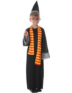 AGQT Kinder Zauberer Kostüm Outfit Set Magier Robe Umhang Verkleidung mit Gestreifte Scarf und Mützen Karneval Fasching Kostüm 3pcs Größe 4–5 Jahre von AGQT