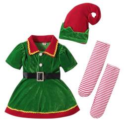 AGQT Kleinkind Baby Mädchen Weihnachten Elf Weihnachtskleid Kurzarm Puppe Kragen Weihnachten Kleid Weihnachtsoutfits Hut Gestreifte Socken Gürtel 1-2 Jahre von AGQT