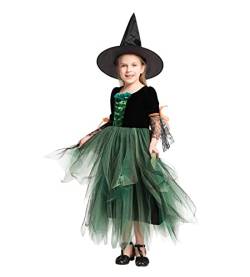 AGQT Kleinkind Mädchen Halloween Hexen Kostüm Hexenkleid mit Hexenhut Halloween Karneval Party Cosplay Outfits Grün Größe 8-10Jahre von AGQT