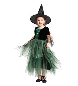 AGQT Kleinkind Mädchen Halloween Hexen Kostüm Hexenkleid mit Hexenhut Halloween Karneval Party Cosplay Outfits Grüns Größe 6-8 Jahre von AGQT