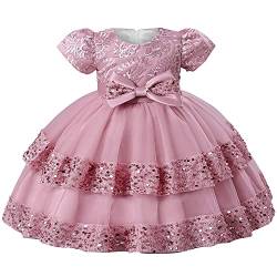 AGQT Kleinkind Mädchen Prinzessin Kleid Tutu Tüll Kleid Big Bowknot Stickerei Bubble Sleeve Pailletten Elegantes Kleid Geburtstags Taufkleid Bohnenpaste Pulver Größe 4-5 Jahre von AGQT