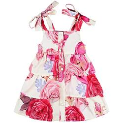 AGQT Kleinkind Mädchen Sommerkleid Schlinge Blumen Knöpfen Verstellbarer Träger Freizeit Strandkleid Festliches Kleid3D Mehrfarbig Rose auf Weiß Größe 3-4T von AGQT