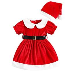 AGQT Kleinkind Mädchen Weihnachtskleid Kurzarm Prinzessin Weihnachtsmann Kleid Flanell Winter Weihnachtsoutfit 2-teiliges Puppenkragen Samtkleid mit Hut Größe 2-3T von AGQT