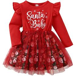 AGQT Kleinkind Mädchen Weihnachtskleider Baumwolle Langarm Weihnachtsmann Aufdruck Weihnachtsoutfit Prinzessin Tüll Tutu Kleid Rot Größe 4-5T von AGQT