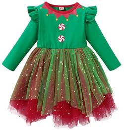 AGQT Kleinkind Mädchen Weihnachtskleider Langarm Weihnachtsoutfit Weihnachtsmann Elfenkostüm Prinzessin Tüll Tutu Kleider Grüner Weihnachtsmann Größe 2-3T von AGQT