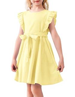 AGQT Mädchen Kleid Rüschenarm Sommer A-Linie Freizeit Kleid Prinzessin Kleider ärmellos Skaterkleid Fluoreszierendes Gelb 6-7Jahre von AGQT