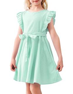 AGQT Mädchen Kleid Rüschenarm Sommer A-Linie Freizeit Kleid Prinzessin Kleider ärmellos Skaterkleid hell seeblau 7-8Jahre von AGQT