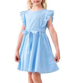 AGQT Mädchen Kleider Casual Rüschenarm Sommer A-Linie Elegant Kleid Prinzessin Freizeitkleid mit Gürte Blau 4-5Jahre von AGQT
