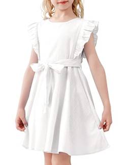 AGQT Mädchen Kleider Casual Rüschenarm Sommer A-Linie Elegant Kleid Prinzessin Freizeitkleid mit Gürte Weiß 11-12Jahre von AGQT