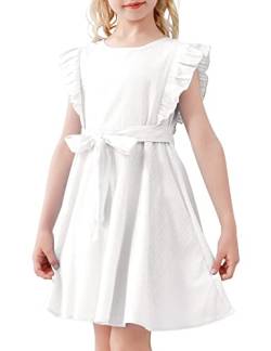 AGQT Mädchen Kleider Casual Rüschenarm Sommer A-Linie Elegant Kleid Prinzessin Freizeitkleid mit Gürte Weiß 4-5Jahre von AGQT