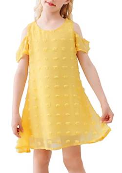 AGQT Mädchen Kleider Kurzarm Sommerkleid Kalte Schulter Swiss Dots Casual A-Linie Kleid Rundhals Freizeitkleidung Gelb 3-4T von AGQT