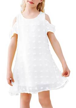 AGQT Mädchen Kleider Kurzarm Sommerkleid Kalte Schulter Swiss Dots Casual A-Linie Kleid Rundhals Freizeitkleidung Weiß 3-4T von AGQT