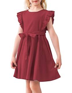 AGQT Mädchen Weihnachtskleid Rüschenarm Sommer A-Linie Freizeit Kleid Prinzessin Kleider ärmellos Skaterkleid Rotwein 11-12Jahre von AGQT