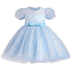 AGQT Prinzessin Kleid Mädchen Blumenmädche Kleid Tütü Tüllkleid Kurzarm Paillettenstar Print Geburtstag Party Kleid Himmelblau Größe 7-8 Jahre von AGQT