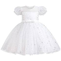 AGQT Prinzessin Kleid Mädchen Blumenmädche Kleid Tütü Tüllkleid Kurzarm Paillettenstar Print Geburtstag Party Kleid Weiß Größe 5-6 Jahre von AGQT