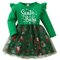 AGQT Weihnachtskleider für kleine Kinder, Baumwolle, langärmelig, Weihnachtsmann-Aufdruck, Weihnachtsoutfit, Prinzessin, Tüll-Tutu-Kleid, Grün, Größe 5–6T von AGQT