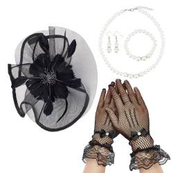 AHANDMAKER Fascinators Hüte Für Frauen Tea Party 20s 50s Schwarzes Damen Stirnband Mit Spitzenhandschuhen Set, Perlenkette, Armband Und Ohrringe Für Die Hochzeit, Beerdigung, Party von AHANDMAKER