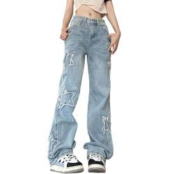 AHSBND Frauen Low Waist Zerrissene Jeans Y2K Weites Bein Baggy Cargo Jeans Vintage Gedruckt Grunge Denim Hosen Trendy Streetwear (Color : Blue, Size : M) von AHSBND
