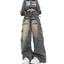 Damen Y2K Baggy Jeans mit Mehreren Taschen, Street Fashion Lockere Denim Hose (Color : Blue, Size : S) von AHSBND