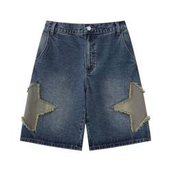 Unisex Star Patchwork Frauen Denim Shorts Männer Y2k Casual Baggy Streetwear Jeans Shorts (Color : A, Size : S) von AHSBND