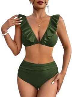 AI'MAGE Badeanzug Zweiteilig Damen mit Rüschen Bademode Sommer Strand Outfit Swimsuit Grün XXL von AI'MAGE