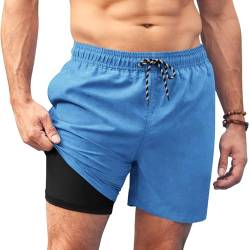 AI'MAGE Badehose für Herren mit Kompression Liner 2 in 1 Badeshorts Männer Elastisch Trainingsshorts Tunnelzug mit Taschen Blau L von AI'MAGE