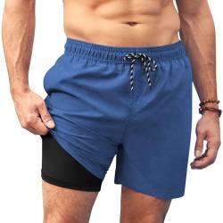 AI'MAGE Badehose für Herren mit Kompression Liner 2 in 1 Badeshorts Männer Elastisch Trainingsshorts Tunnelzug mit Taschen Dunkel Blau L von AI'MAGE