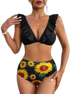 AI'MAGE Bikini Set Damen hohe Taille 2er Pack Badeanzug Sexy Urlaub Push Up Swimwear schwarz Sonnenblumen XL von AI'MAGE