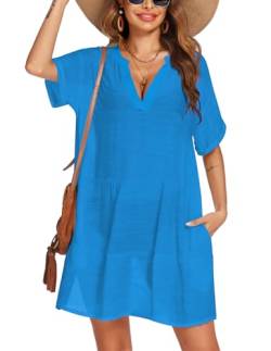 AI'MAGE Damen Badeanzug Coverups Bikini Beachwear Badeanzug Strand Cover Up Kleid mit Taschen, A-blau, XX-Large von AI'MAGE