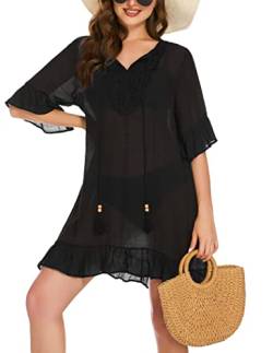 AI'MAGE Damen Bikini Cover Up Strandkleid Damen Sexy Strandponcho Sommer Bademode Strand Shirt Leicht,Schwarz,XL von AI'MAGE