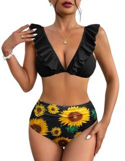 AI'MAGE Damen Bikini Set Wickeloptik Bademode V Ausschnitt Blumenmuster 2-teiliger Badeanzug Swimsuit schwarz Sonnenblumen M von AI'MAGE