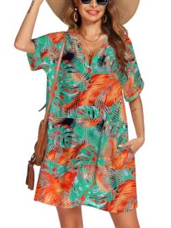 AI'MAGE Damen Kurz Strandkleider Sommer Kurzarm Hemdkleid Pareo Bikini Cover Ups für Urlaub und Strand, Hawaiianische Blätter Blau Orange, XL von AI'MAGE