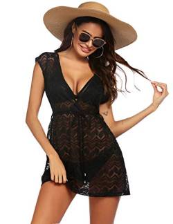 AI'MAGE Damen Strandkleid Bikini Cover Up Strandponcho Sommer Bademode Strand Vertuschen Shirt Schwarz Blätter M von AI'MAGE