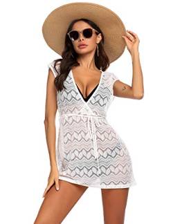 AI'MAGE Damen Strandkleid Boho Rückenfrei Spitze Bikini Cover Up Strand Kleid Sommerkleid Kurz Partykleid weiß S von AI'MAGE