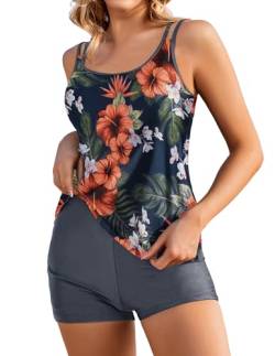 AI'MAGE Damen Zweiteilig Badeanzug Bademoden Bauchweg Tankini Set High Waist Beachwear Hotpants Badeanzug mit Zwei Trägern,Dunkelblau + Blume,XL von AI'MAGE