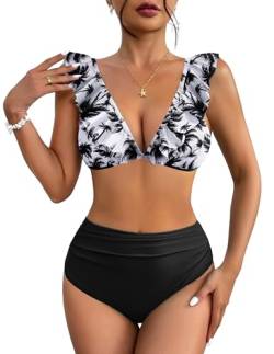 AI'MAGE Damen Zweiteiliger Badeanzug V Ausschnitt Bikini Bademode Bauchkontrolle Bikini Sets Weiß Blumen S von AI'MAGE