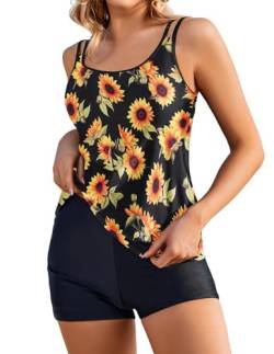 AI'MAGE Damen zweiteilig Badeanzug Push up Bademoden bauchweg Tankini Set high Waist Tankini Beachwear Hotpants,Schwarz + Sonnenblume,M von AI'MAGE