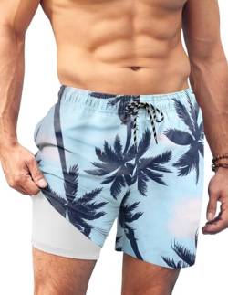 AI'MAGE Herren Badehose mit Kompressionsfutter 2 in 1 Badeanzug schnell trocknend Boardshorts Swimshorts mit Taschen Palmen M von AI'MAGE