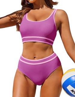 AI'MAGE Sport Bikini Damen Bauchweg Wickeloptik Bikini Set Gerippte Bademode Sportlich Badeanzug Push Up, Rose Rot XL von AI'MAGE