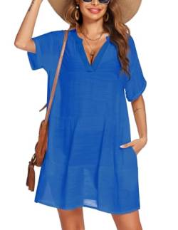 AI'MAGE Strandkleid für Damen Beach Strandponcho Pareos Bikini Cover Up Kurzarm Sommerkleid Bademode Kurz Vertuschen, Himmelblau, M von AI'MAGE