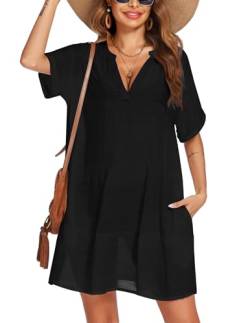 AI'MAGE Strandkleid für Damen Beach Strandponcho Pareos Bikini Cover Up Kurzarm Sommerkleid Bademode Kurz Vertuschen, Schwarz, M von AI'MAGE