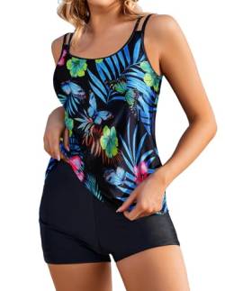 AI'MAGE Tankini Damen Bademode Set Damen Freizeit Tankini Badeanzug Zweiteiler Tankinis Set Elegant Badeanzüge für Damen Tankini Oberteil mit Badeshorts,Schwarz + Grün,M von AI'MAGE