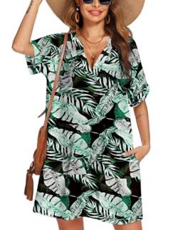 Damen Kurzarm Bikini Cover up Kurz Strandkleid Bademode Strand Shirt V Ausschnitt, Hawaiianische Grün Schwarz, S von AI'MAGE