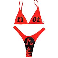 AIBEARTY Damen Schädel Brief Gedruckt Zweiteiliger Badeanzug High Cut Triangel Bikini Set für Party Festival Halloween, Rot/Ausflug, einfarbig (Getaway Solids), Medium von AIBEARTY
