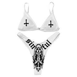 AIBEARTY Damen Schädel Brief Gedruckt Zweiteiliger Badeanzug High Cut Triangle Bikini Set für Party Festival Halloween - Weiß - Large von AIBEARTY