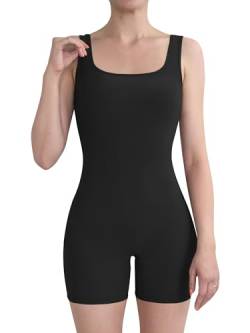 AIBIANOCEL Damen Sommer Gerippt Ärmellos Tank Bodycon Strampler Kurz Yoga Jumpsuit Catsuit Playsuit, Schwarz, Small von AIBIANOCEL